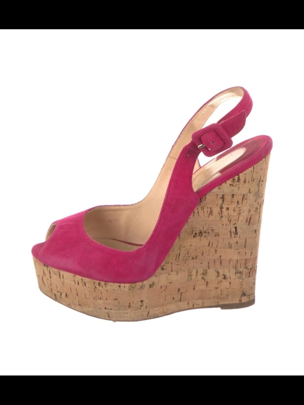 ❤️ RED BOTTOM ❤️ Pink Suede Cork Wedge Slingback Peep-Toe Heel
